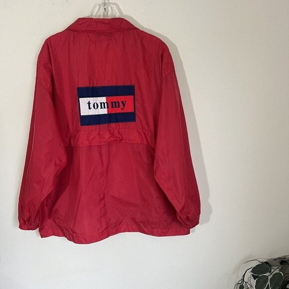Tommy Hilfiger Red Vintage Windbreaker Jacket script 90s Patch Full Zip Men XL - Picture 1 of 6